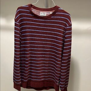 Scotch & Soda Men's Maroon and Light Blue Striped Crewneck Sweater